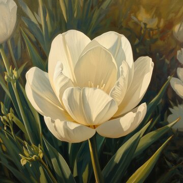 A close-up painting of a white flower with delicate petals surrounded by green leaves and stems in soft, warm lighting.
