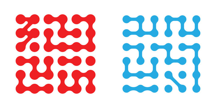 Modern geometric red and blue metaball shapes of liquid connected drops. This icon use for representing data science, molecular structures, chemical grids, or digital integration in modern UI design.