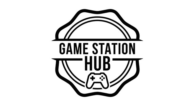 Monochrome game station hub logo emblem with game controller icon