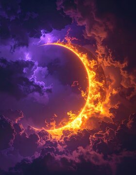 A fiery crescent moon glows intensely amid dark, stormy purple clouds with bolts of lightning, creating a dramatic and mystical celestial scene.