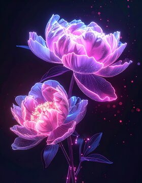 Glowing neon flowers in shades of pink and purple with a dark background, creating a vibrant, ethereal floral composition.