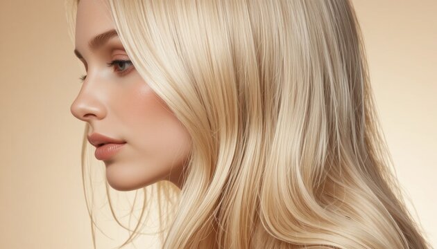 Profile of a young woman with long, smooth blonde hair and flawless skin against a beige background.