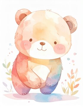 Cute watercolor illustration of a smiling bear with pastel rainbow colors surrounded by delicate foliage accents.