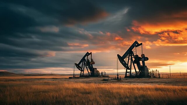 Oil pump jacks operate against dramatic sunset sky with orange clouds and dark clouds, silhouette of industrial equipment in golden field, cinematic motion.