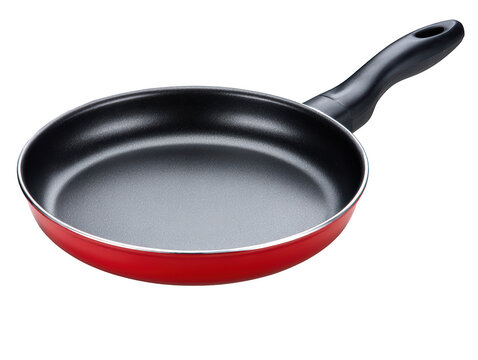 red non-stick frying pan with black handle isolated on transparent background