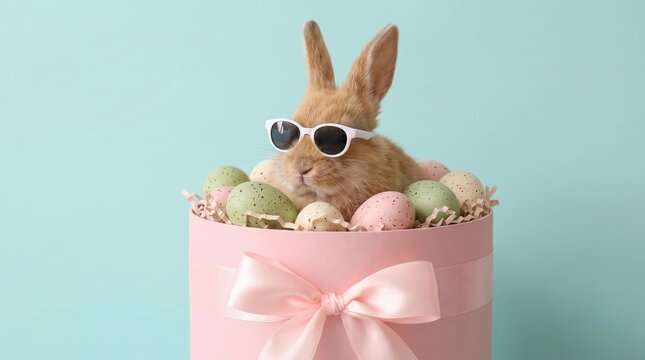 A fluffy brown bunny wearing white sunglasses sitting inside a round pink gift box filled with speckled pastel easter eggs against a light blue background
