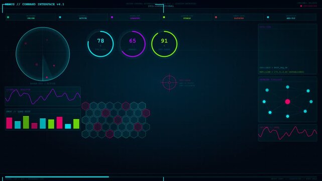 Futuristic command interface with digital displays and data visualization