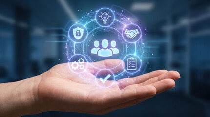Fototapeta premium A human hand holding a glowing digital interface with business representing teamwork security innovation handshake and task management in a blue office environment
