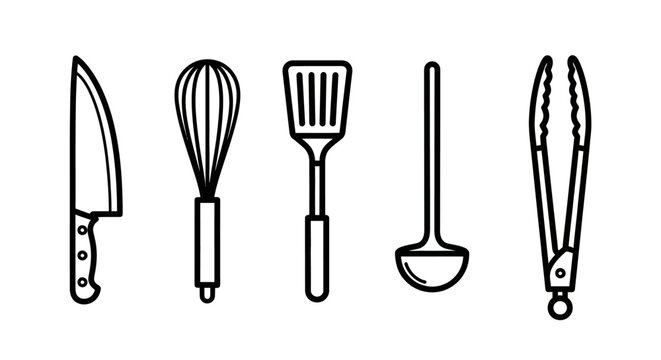 Line art kitchen utensils set knife whisk spatula ladle tongs