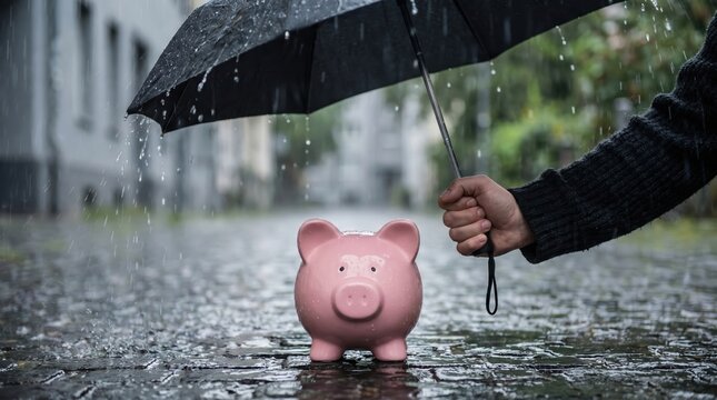 A pink piggy bank sits on a wet cobblestone street under a black umbrella held by a person in a dark sweater during a rain shower with blurred urban background
