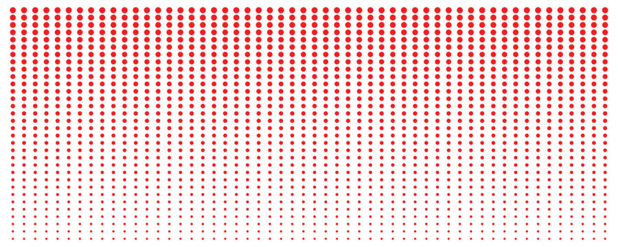 Bold red large polka dots pattern on a plain white background for modern graphic design. Dotted halftone gradient texture. Red fading comic pop art overlay backdrop. 