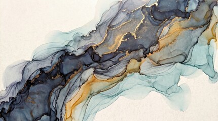 Obraz premium Abstract alcohol ink painting with flowing dark blue and grey pigments accented by metallic gold veins and soft teal washes on a textured off white background
