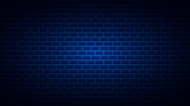 Dark blue glowing brick wall background texture with light effect in center