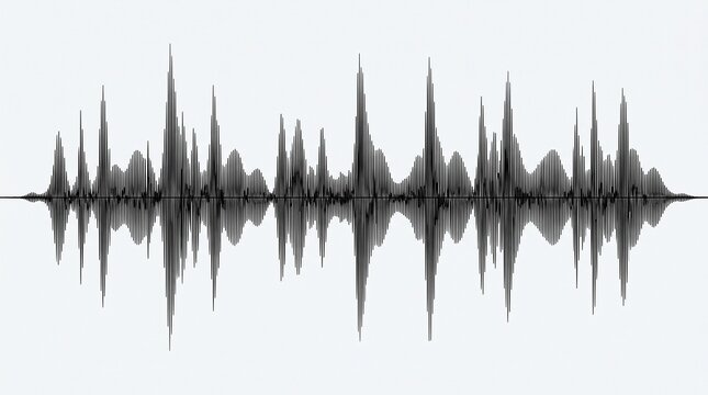 Monochrome audio waveform visualization with dynamic sound waves pattern isolated on light background for music technology and signal analysis concept