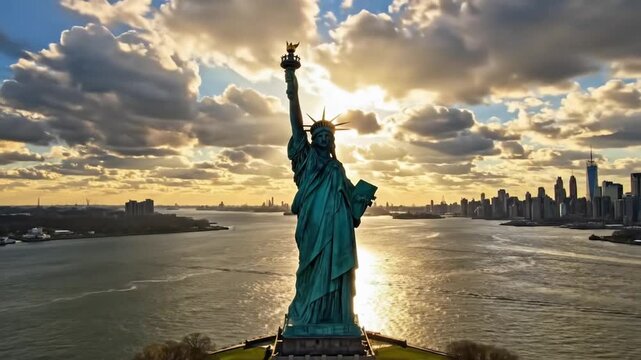 View of Statue of Liberty with clouds and sunlight over New York harbor in late afternoon