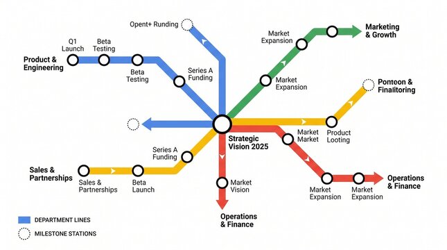 Business strategy roadmap visualized as a subway network map