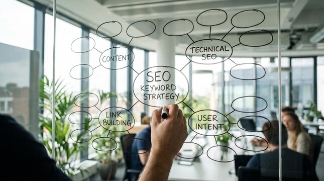 SEO Keyword Strategy Mind Map Drawn on Glass Wall