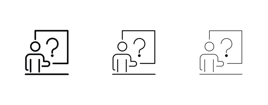 Minimalist teacher line icon set, person presenting question mark on whiteboard vector, education and problem solving symbols in three stroke weights