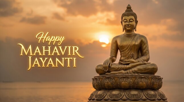Golden statue of lord mahavir sitting in meditation pose on a lotus pedestal against a sunset sky with the text happy mahavir jayanti written in script