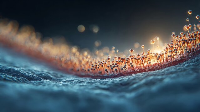 Macro 3D render of microscopic organic spores or neurotransmitters glowing with golden light on a textured biological surface. Abstract conceptual visualization of biotechnology and science.