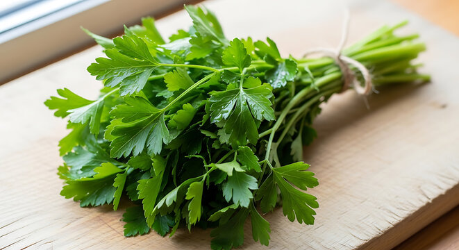 fresh parsley bunch on wooden cutting board on transparent background high quality
