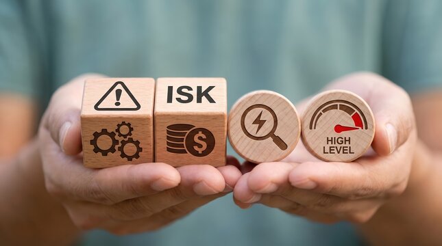 Hands holding wooden blocks with i s k text warning triangle gear magnifying glass and level gauge symbol