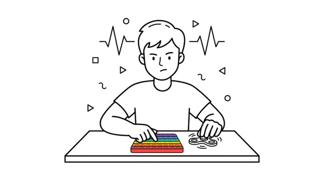 A boy with a worried expression uses a Pop It fidget toy and a fidget spinner, surrounded by abstract shapes and pulse lines.
