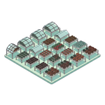 Isometric Greenhouse Garden Beds Arranged on Mint Platform with Vegetables