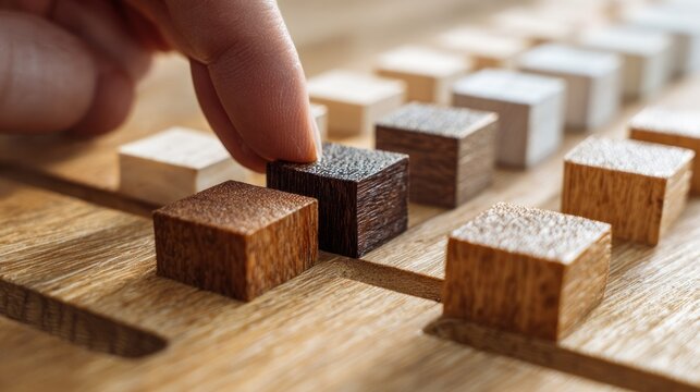 Human finger selecting a dark wooden cube from a graded set of wood samples on a surface.