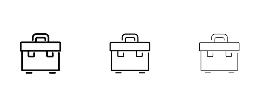 Minimalist toolbox line icon set, industrial equipment chest vector, three stroke weight variations of repair tool box symbols for web design