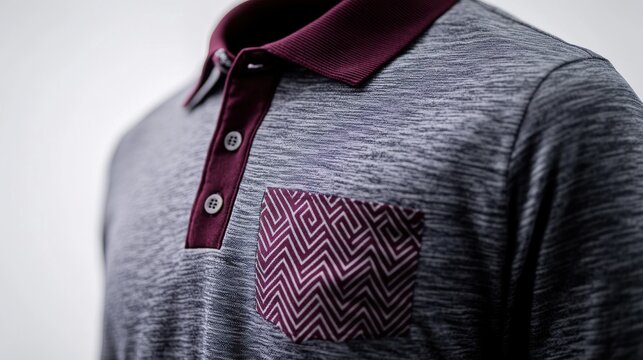 Casual Gray Shirt with Maroon Collar and Pattern
