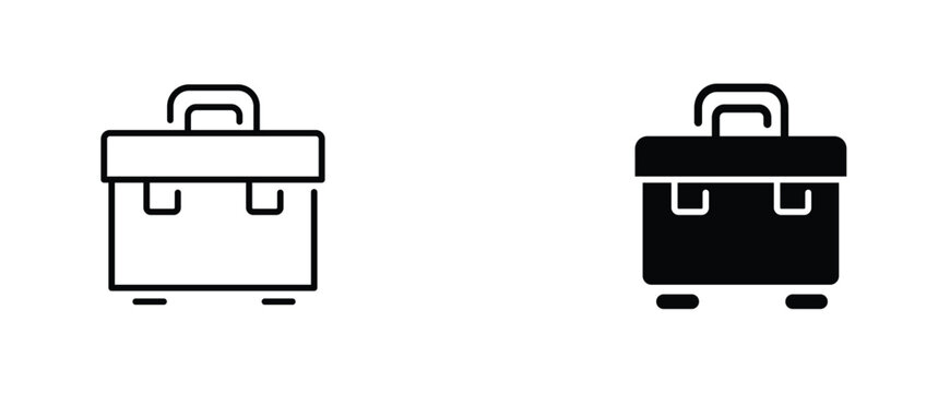 Minimalist toolbox icon set, black outline and solid silhouette tool box vectors, industrial equipment storage symbols for construction and repair