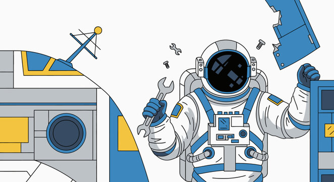 Astronaut in spacesuit repairing space station vector illustration