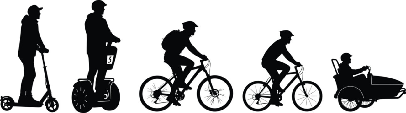 Vector Silhouettes of Different Personal Transport Modes Including Scooter, Segway, Bicycle, and Tricycle