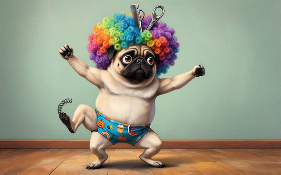 Pug in rainbow wig and swim trunks dances with scissors on its head.