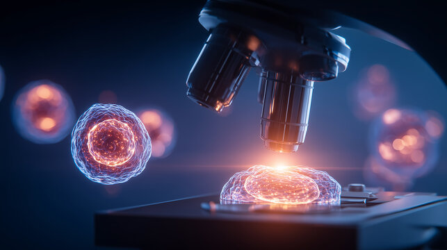 Microscope examining glowing cells illustrating biomedical research, laboratory analysis, cellular science, and medical discovery.
