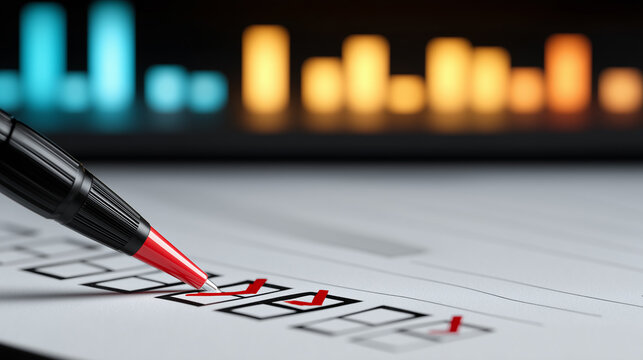 A red pen marking checkboxes on a form illustrating quality control, task completion, compliance review, and business evaluation.
