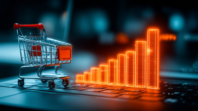 A shopping cart beside rising digital bars illustrating ecommerce sales growth, online retail performance, and commercial success.
