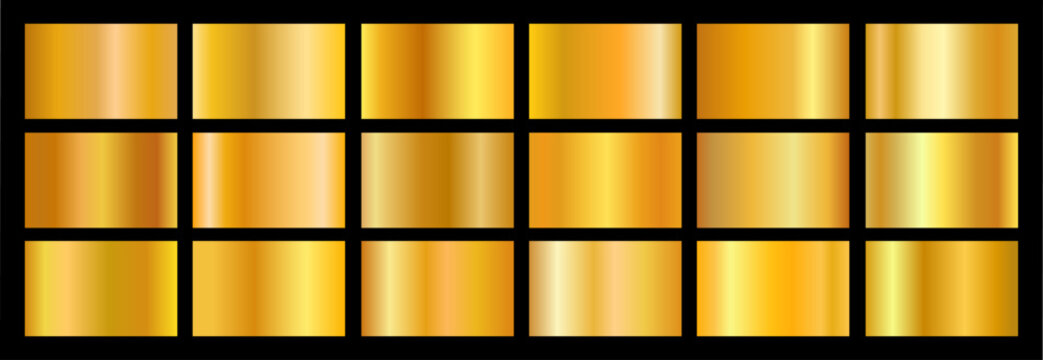 Realistic gold, golden, foil gradient texture pack. Shiny golden metal foil gradient set. Vector illustration