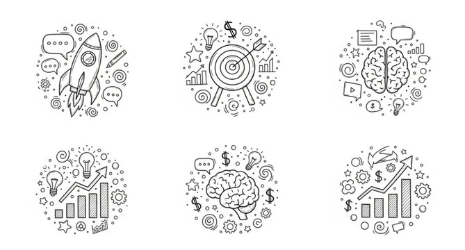 Continuous line startup business icons rocket target brain vector illustration isolated on white background