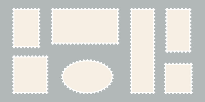 Blank post stamp icons set. Postage frame form, vintage empty postcard stamp frame with perforated border, mail delivery sticker template, philately element. Postage stamp icons vector illustration. 