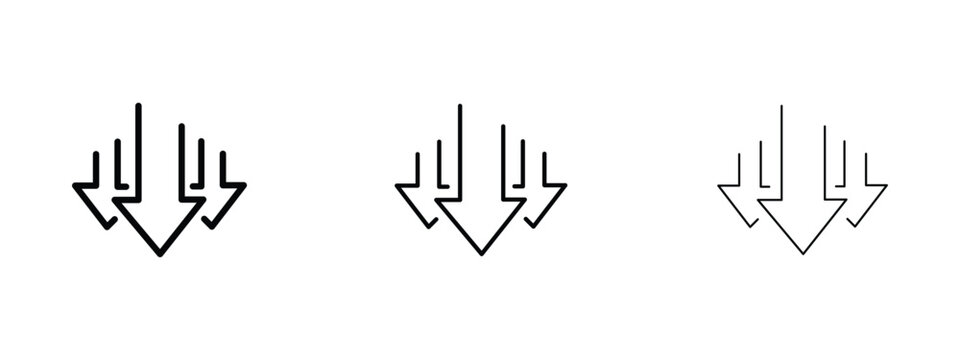 Minimalist down arrow icon set, black outline downward direction symbols, 3 vector elements for download and navigation interface design