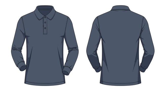 A dark navy blue long-sleeve polo shirt featuring a soft collar and buttoned placket is shown from the front and back against a solid, light gray, studio-lit, minimalist backdrop.