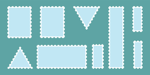 Obraz premium Doodle frame set, vector hand drawn postage stamp border, vintage abstract wavy post stamp simple design. Blank rectangle, circle and square postage stamp frames. Eps10