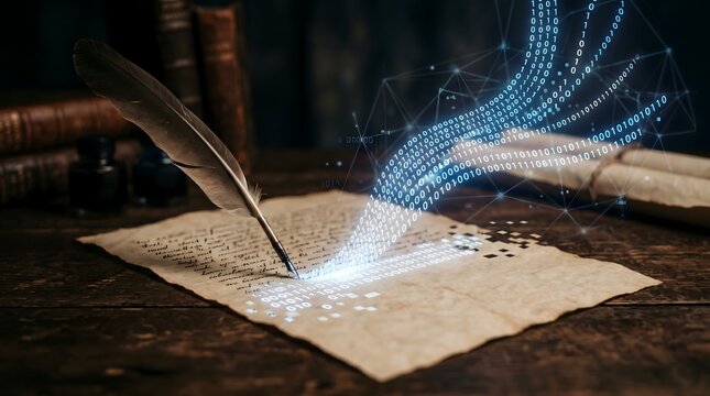 Pena Bulu Klasik Menulis Kode Biner Digital pada Kertas Perkamen