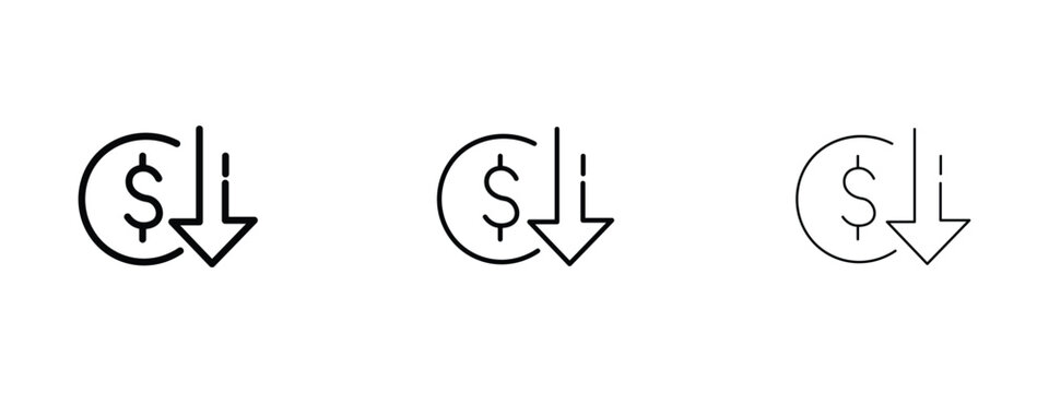 Minimalist dollar coin with down arrow icon set, financial loss and price drop symbols, 3 line weight variations of currency decrease vector