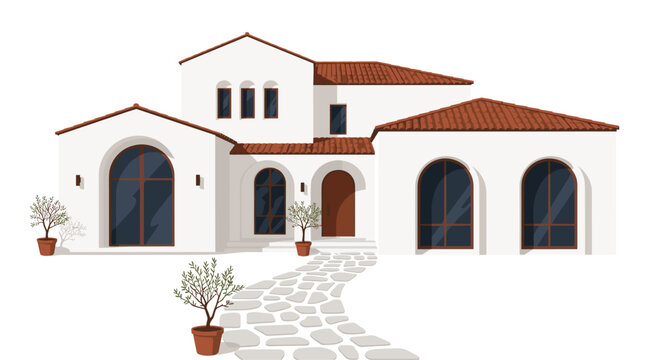 An architectural rendering displays a white villa with a classic terracotta tiled roof and stone pathway leading to the front entrance on a clean white background.