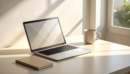 Fototapeta premium Laptop and notebook on a desk by a sunny window with a coffee mug