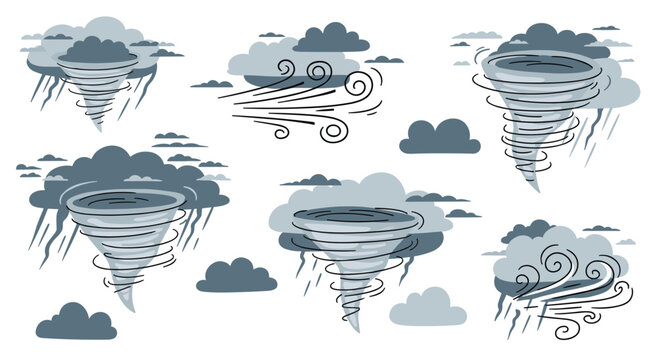 A collection of stylized cartoon tornadoes and wind gusts featuring dark grey weather patterns with swirling lines against a clean white background in a flat illustration style.