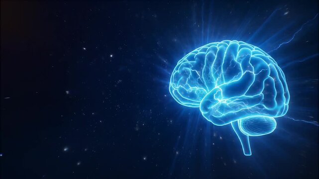 Electric blue brain pulsating with energy in cosmic background surrounded by lightning strikes, symbolizing intelligence, thought, creativity, and neural activity in dark digital space